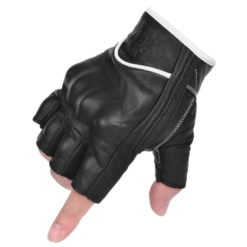 Harssidanzar Mens Leather Fingerless Motorcycle Gloves GM037 — Black/White