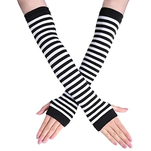 Stylish Fingerless Skull Gloves for Men and Women — Long_stripe_black White