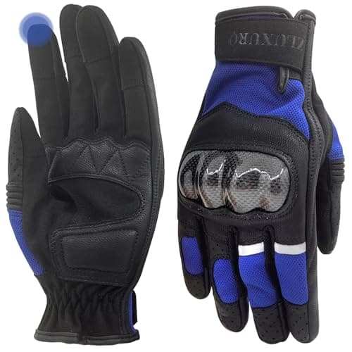 ZLUXURQ Mens Motorcycle Leather Gloves - Hard Knuckle Protection Lightweight & Comfortable — Blue