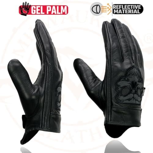 Men's Black Leather Motorcycle Gloves with Reflective Skull Detail