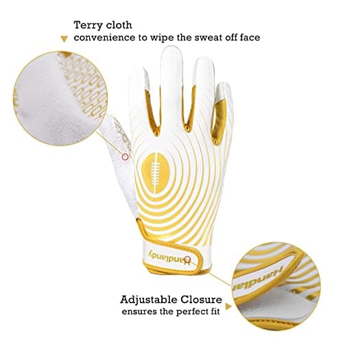 Youth Football Gloves for Kids & Adults in White/Gold