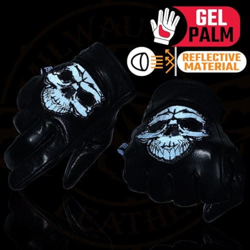 Men's Black Leather Motorcycle Gloves with Reflective Skull Detail