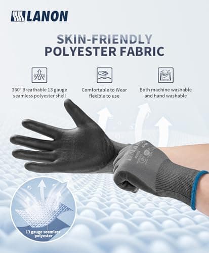 Lanon Breathable PU Coated Safety Work Gloves, Grey, Large