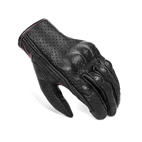 Women's Black Leather Armed Motorcycle Gloves M G01W with Rose Line — Black Leather With Rose Line