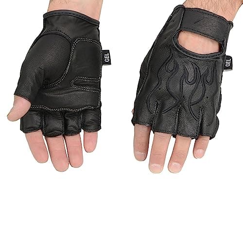 Milwaukee Black Leather Gel Padded Motorcycle Gloves with Orange Flame