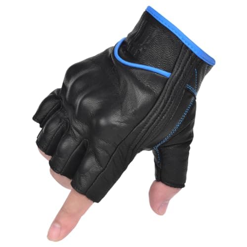 Harssidanzar Mens Leather Fingerless Motorcycle Gloves GM037 — Black/Blue