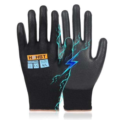 PU Coated Safety Work Gloves, 12 Pairs for Mechanics — Black-anti Static