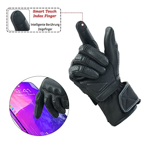 JAUNTY Unisex Summer Leather Racing Gloves, Knuckle Protection, Touchscreen Compatible, Perforated Black FIM Approved