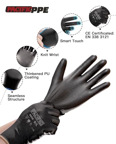 PACIFIC PPE Touchscreen Work Gloves, Black, Medium