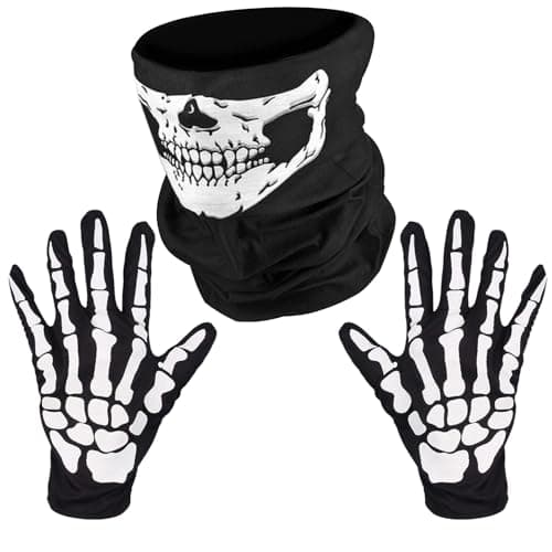 Villorem Full Finger Skeleton Gloves & Skull Mask for Halloween Party