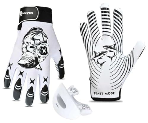 Ultra-Sticky Non-Slip Football Gloves for Youth, Adult, Kid Sizes — White Mouthguard