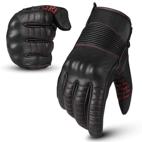 Men's Leather Motorcycle Gloves with Touchscreen Function - Non-Slip Pads, All Weather Protection — Black-Red