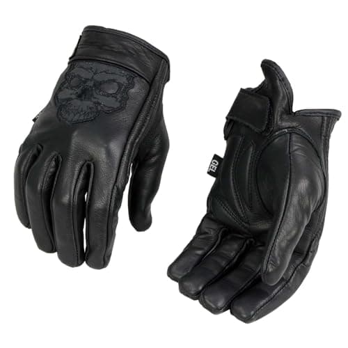 Men's Black Leather Motorcycle Gloves with Reflective Skull Detail