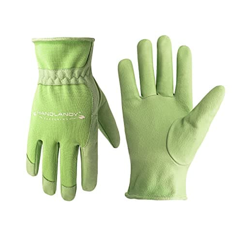 HANDLANDY Women's Touch Screen Safety Work Gloves for Yardwork Gardening — Green- Leather Palm