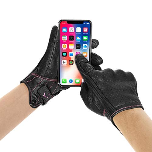 Women's Black Leather Armed Motorcycle Gloves M G01W with Rose Line
