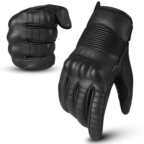Men's Leather Motorcycle Gloves with Touchscreen Function - Non-Slip Pads, All Weather Protection — Black