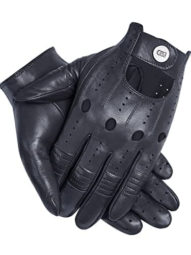 Genuine Leather Black Driving Gloves for Men, Touchscreen Compatible Motorcycle Fotos — Navy Blue(palm Hole)