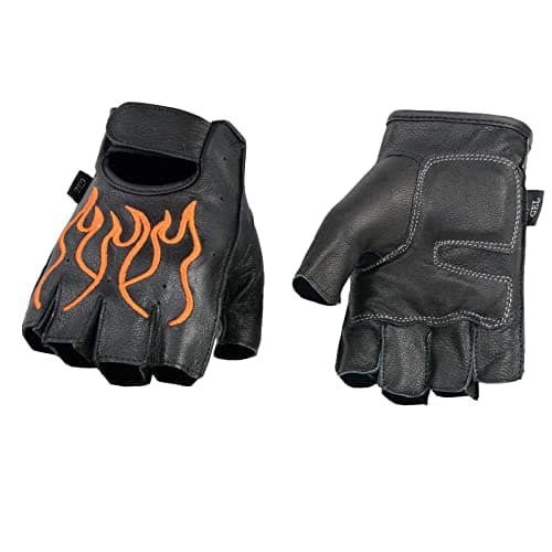 Milwaukee Black Leather Gel Padded Motorcycle Gloves with Orange Flame — Black/Orange
