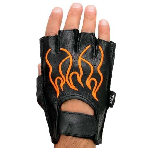 Milwaukee Black Leather Gel Padded Motorcycle Gloves with Orange Flame — Orange