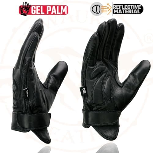Men's Black Leather Motorcycle Gloves with Reflective Skull Detail