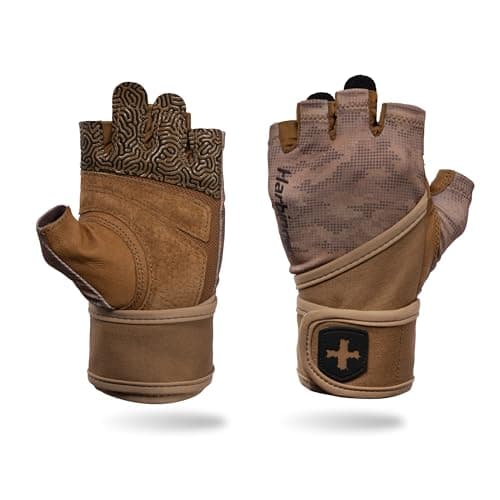 Harbinger Pro Wristwrap Gloves 3.0 for Weightlifting & Fitness Training — Tan Camo