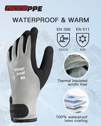PACIFIC PPE 100% Waterproof Gloves for Men and Women, Cold Weather Thermal Insulated Freezer Gloves, Super Grip, Medium