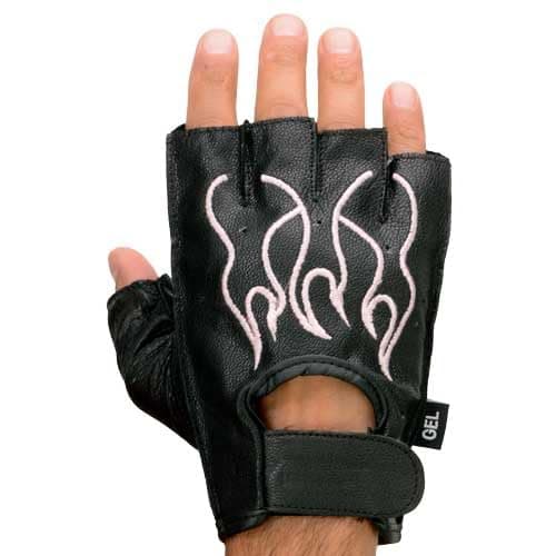 Milwaukee Black Leather Gel Padded Motorcycle Gloves with Orange Flame — Pink