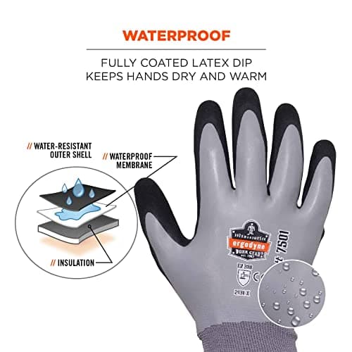 Ergodyne ProFlex 7501 Waterproof Winter Work Gloves, Sandy Nitrile Coats Palms, Gray