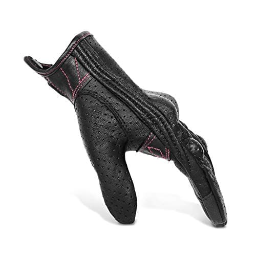 Women's Black Leather Armed Motorcycle Gloves M G01W with Rose Line
