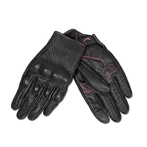 Women's Black Leather Armed Motorcycle Gloves M G01W with Rose Line