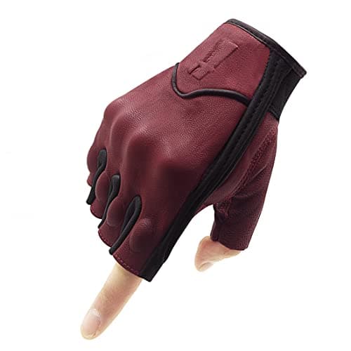 Harssidanzar Mens Leather Fingerless Motorcycle Gloves GM037 — Oxblood/Black