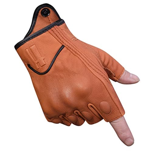 Harssidanzar Mens Leather Fingerless Motorcycle Gloves GM037 — TAN