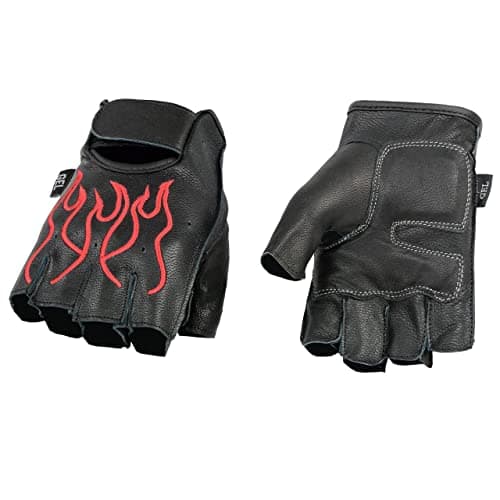 Milwaukee Black Leather Gel Padded Motorcycle Gloves with Orange Flame — Black/Red