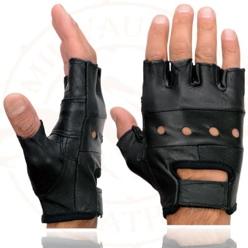 Milwaukee Black Gel Padded Men's Leather Fingerless Motorcycle Gloves
