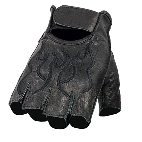 Milwaukee Black Leather Gel Padded Motorcycle Gloves with Orange Flame