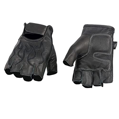 Milwaukee Black Leather Gel Padded Motorcycle Gloves with Orange Flame