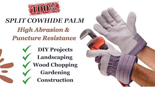 Greendale Leather & Cotton Work Gloves: 3, 6 or 12 Pack - One Size Fits Most