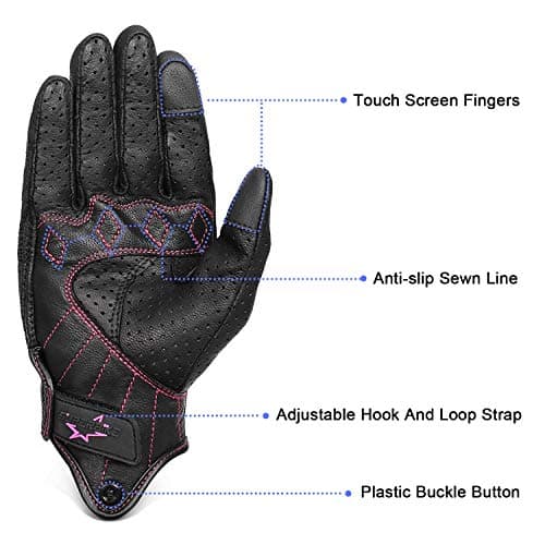 Women's Black Leather Armed Motorcycle Gloves M G01W with Rose Line
