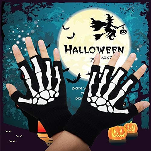 CROSSFINGERS Skeleton Gloves Touchscreen Warm for Halloween Cosplay & Daily Wear (2 Pairs)
