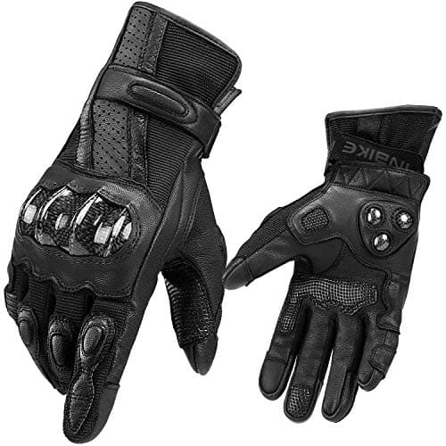INBIKE Women's Black Leather Motorcycle Gloves with Touch Screen Carbon Fiber Knuckles Large — All Black