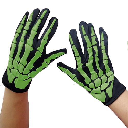 Naichuo Skeleton Gloves for Halloween Costumes (Men, Women, Kids Over 3) — Black and Green