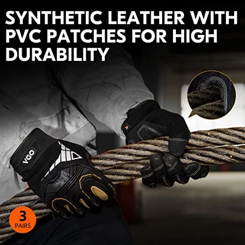 Vgo 3-Pairs Heavy Duty Synthetic Leather Mechanic Gloves, Size L, Black