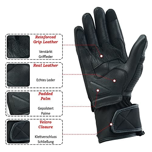 JAUNTY Unisex Summer Leather Racing Gloves, Knuckle Protection, Touchscreen Compatible, Perforated Black FIM Approved