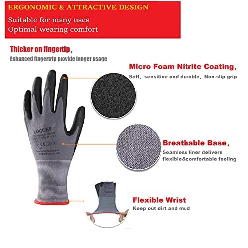 LOCCEF MicroFoam Nitrile-Coated Safety Work Gloves, 12 Pairs, Seamless Knit Knicks