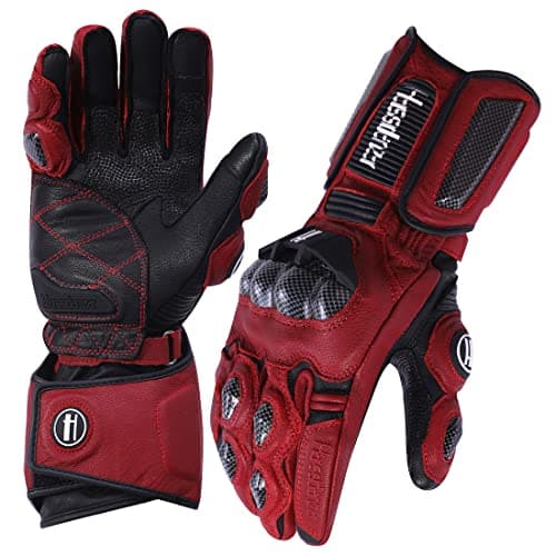 Harssidanzar Leather Motorbike Gloves, Carbon Fiber Knuckle Protection KM045 — Oxblood/Black