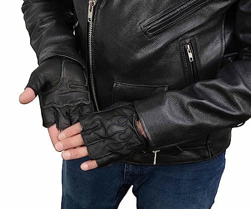 Milwaukee Black Leather Gel Padded Motorcycle Gloves with Orange Flame