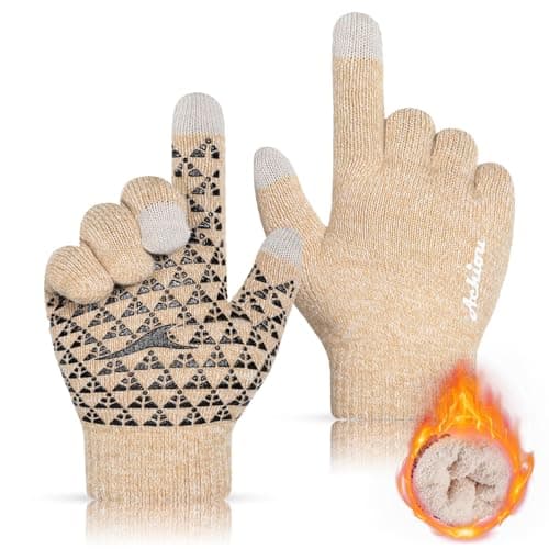 Achiou Winter Gloves for Men & Women squeezing Juice Touch Screen Anti-Slip — White & Khaki