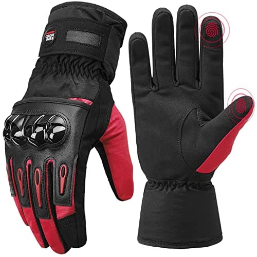 KEMIMOTO Winter Riding Gloves, Rainproof Touchscreen Compatible for ATV, UTV, Snowmobile — Red-carbon fiber shell