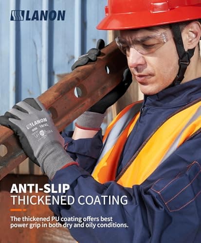 Lanon Breathable PU Coated Safety Work Gloves, Grey, Large