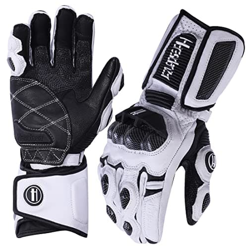 Harssidanzar Leather Motorbike Gloves, Carbon Fiber Knuckle Protection KM045 — White/Black